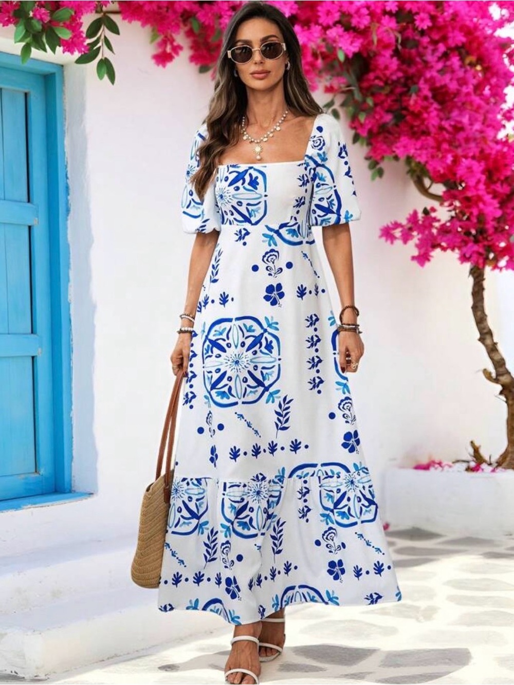 White & Blue Floral Maxi Dress with Square Neck